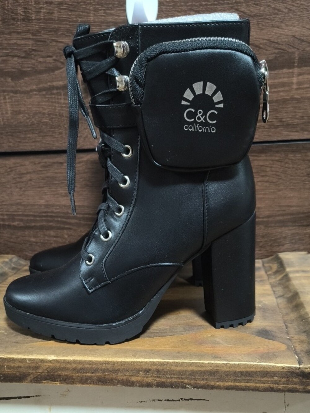 C&C California Black Lace-Up Combat Boots with Side Zip Pocket